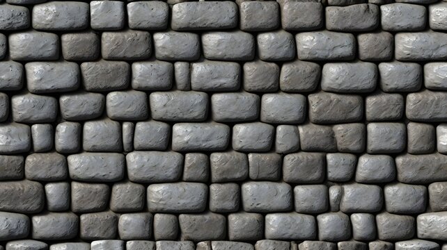 Seamless gray cobblestone wall or road background texture. Tileable grungy natural rock and stone shaped path or walkway repeat surface pattern. A high resolution construction backdrop 3D rendering. 
