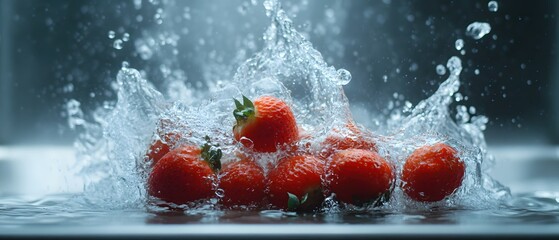 Poster - fresh strawberries in a splash of water creating a refreshing and vibrant still life scene