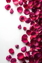 Poster - Elegant crimson rose petals on white background creating a romantic and luxurious atmosphere