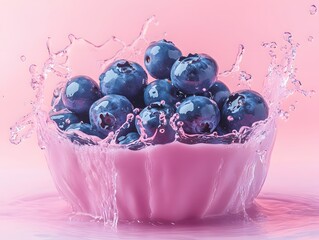 Poster - fresh blueberries bursting in a pink bowl with splashing water on a soft pink background