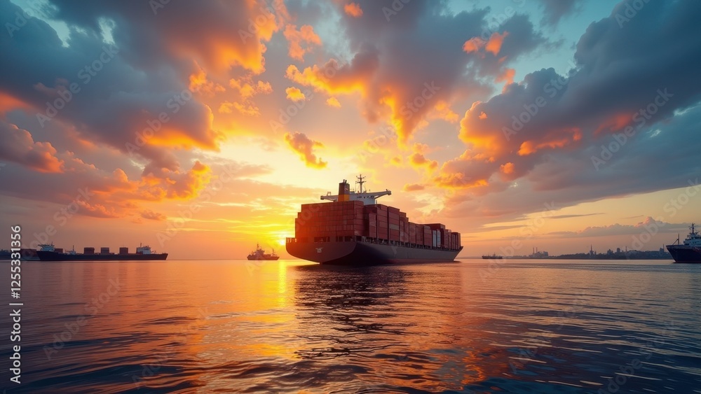 Majestic container ship floats on a tranquil sea under a vibrant sunset ...