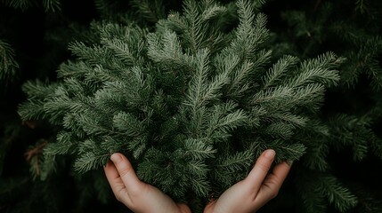 Fir Tree Frond Held Gently in Human Hands Against Evergreen Backdrop Image of Nature and Care