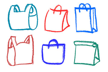 Wall Mural - shopping bag paper and plastic crayon chalk drawing vector set