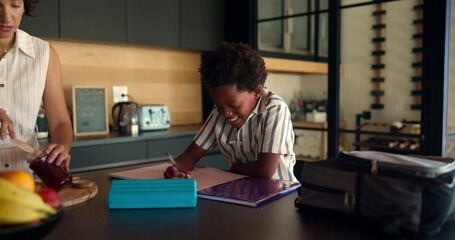 Poster - Woman, child and writing in kitchen for learning, education and homework assignment at lunch. Mother, happy kid and notebook in home with help, tutoring and language development for knowledge growth