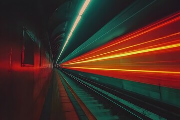Poster - Dynamic urban transit vibrant train streaks through subway tunnel with glowing light trail