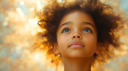 Leinwandbilder - A Child's Upward Gaze: Innocence and Wonder in Eyes Reflecting Bright Hopes Against a Dreamy, Golden Bokeh Background, Featuring Beautiful Curly Hair