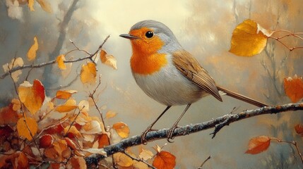 Aufkleber - A Charming Robin Perched on a Branch Amidst Autumnal Leaves: A Gentle Symphony of Colors and Textures in a Serene and Peaceful Natural Setting.