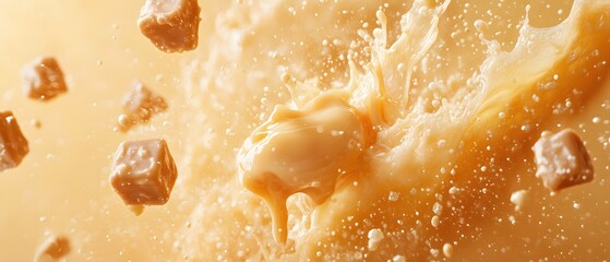 Poster - Caramel cubes in motion creating dynamic splash and creamy liquid texture in beige background