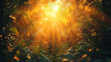 Canvas Print - Enchanting Sunset in a Lush Tropical Rainforest with Intricate Foliage Silhouettes