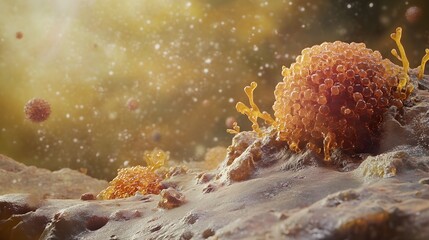 Poster - vibrant and luminous microscopic view of colorful cellular microorganisms observed under magnificati