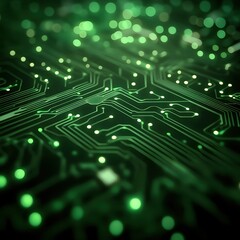 Poster - Green Futuristic Circuit Board Design with Glowing Lights and Abstract Technology Background