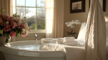 Poster - A serene bathroom scene featuring a luxurious bathtub, soft towels, and fresh flowers, perfect for relaxation and self-care