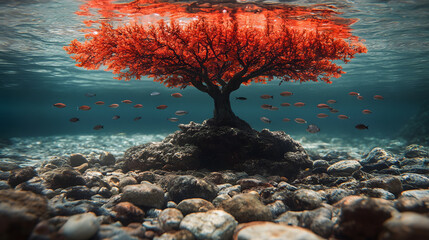 Poster - A vibrant red tree stands underwater, surrounded by colorful fish and pebbles, creating a surreal and enchanting aquatic scene