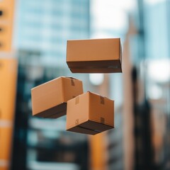 Poster - Urban Air Logistics Cardboard Parcels with Parachutes in Futuristic Cityscape - Innovative Delivery Solutions and Sustainable Supply Chain Efficiency