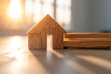 Aufkleber - Warm Minimalist Home Finance Concept Wooden Building Blocks with Sunlit Backdrop - Investment Advisory and Wealth Management in Sustainable Business Design