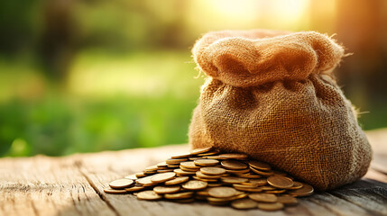 Poster - A burlap sack filled with coins rests on a wooden table, surrounded by a lush green background, capturing a moment of wealth and abundance