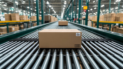 Poster - A cardboard box rests on a conveyor belt in a large warehouse, surrounded by stacks of other packages, highlighting an organized shipping environment