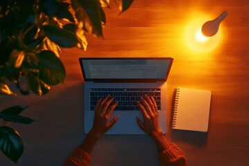 Fototapete - Tech-Centric Study Workspace Laptop with Online Lecture and Notes Under LED Lamp - Remote Learning Innovation for Modern Academic Environments with Sleek Tech Design