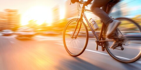Poster - Contemporary Urban Cycling Dynamic Shot of Commuter with Messenger Bag on Modern Bicycle - Sustainable Infrastructure and Eco-Friendly Transport Content for Urban Development Marketing