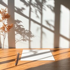 Poster - Minimalist Workspace with Sunlit Wooden Desk Pen and Paper Setup for Contemporary Business Documentation - Professional Aesthetic for Modern Office Ambiance and Minimalist Brand Storytelling