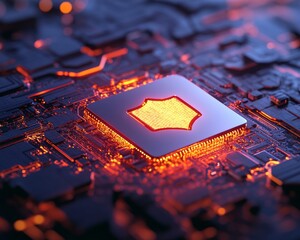 Poster - Futuristic Cybersecurity Interface Neon-Lit Circuit Board with Shield Emblem - Cutting-Edge Network Defense for Modern Digital Protection Applications