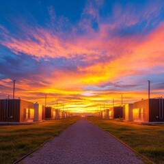 Aufkleber - Contemporary Infrastructure Aesthetic Sunset-Lit Battery Storage Units and Conversion Systems - Utility-Scale Energy Solutions for Grid Modernization and Sustainable Power Development