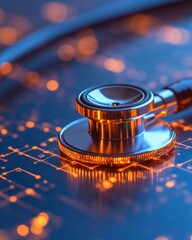 Poster - Futuristic Telemedicine Concept Metallic Stethoscope on Hi-Tech Circuit Board - Digital Health Innovation and Home Diagnostic Systems for Professional Virtual Care