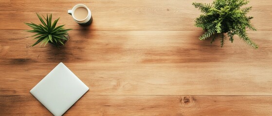 Poster - Modern Minimalist Workspace Light Wooden Conference Table with Laptops, Coffee, and Greenery - Enhancing Business Coordination and Eco-Friendly Office Dynamics