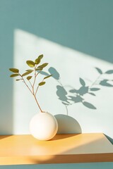 Aufkleber - Minimalist Ceramic Vase and Greenery on Sunlit Wooden Shelf - Modern Interior Design Inspiration and Serenity for Contemporary Homes, Promoting Sustainable Living Aesthetics