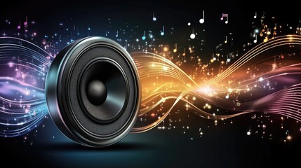 Poster - Colorful sound wave clouds represent different music notes, surrounded by a glowing speaker symbol, exuding energy and vibrancy
