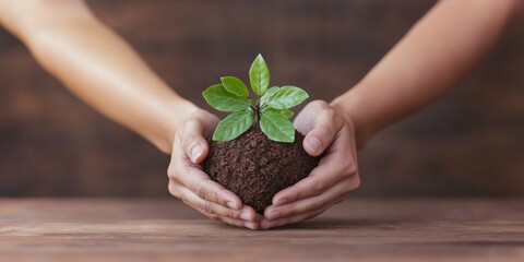 Poster - Eco-Friendly Team Building Hands Nurturing Sapling Above Rustic Wooden Table - Green Business Content and Sustainable Corporate Collaboration Imagery