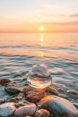 Aufkleber - Ambient Coastal Glass Orb on Pebble Beach Reflecting Sunset - Visual Content for Eco-Friendly Campaigns and Nature-Focused Branding