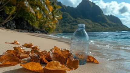 Plastic bottle waste on tropical beach with mountain background