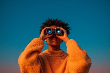 Aufkleber - Celestial Observation Fashion Young Stargazer in Cozy Knitwear Using Binoculars - Modern Astronomy Content and Startup Innovation for Night Sky Education