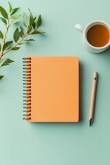 Aufkleber - Minimalist Office Desk with Orange Textured Notebook, Tea, and Pen on Calm Turquoise - Professional Planning Content and Modern Workspace Aesthetic for Enhanced Productivity