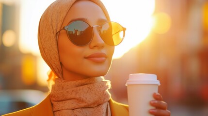 Aufkleber - Contemporary Urban Commuter Style Young Middle Eastern Professional in Hijab with Takeout Coffee Cup - Modern Business Mobility and Morning Lifestyle Imagery
