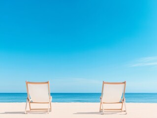 Coastal Tranquility Aesthetic Wooden Deck Chairs on Sandy Shoreline with Ocean Views - Lifestyle for Retirement Marketing and Leisure Industry Promotion