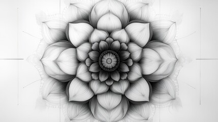 Poster - Elegant Monochrome Floral Mandala: A Detailed Pencil Drawing of Concentric Petals and Geometric Lines on a Clean White Background