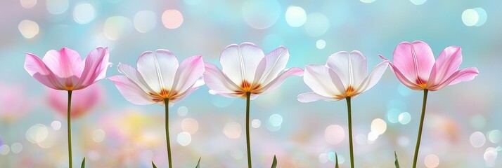 Canvas Print - Five Delicate Pink and White Tulips Against a Blurry Background, Spring Floral Display