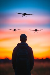 Aufkleber - Dramatic Horizon Tech Drone Operator Silhouette with Drones in Formation at Sunset - Aviation Regulation Content and Modern Airspace Safety Promotion