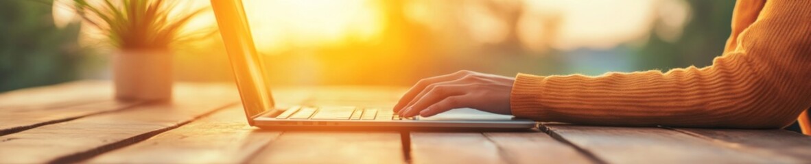 Poster - Sunlit Remote Learning Workspace Casual Wood Texture with Laptops and Notebooks - EdTech Visual Content and Modern Home Study Solutions