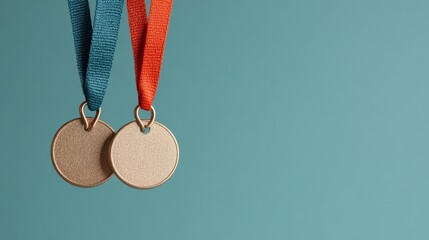 Aufkleber - Contemporary Medal Display Textured Golden Awards with Colorful Ribbons on Minimalist Blue Background - Dynamic Sports Recognition and Modern Trophy Design for Competitive Events