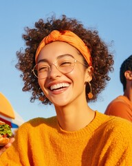 Aufkleber - Colorful Urban Food Festival Diverse Friends Enjoying Hearty Sandwiches in Vibrant Outdoor Setting - Lifestyle Branding and Community Dining