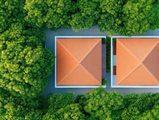 Poster - Eco-Friendly Urban Design Aerial View of Modern Apartment Complex with Lush Greenery Sustainable Community Layout and Residential Development for Contemporary Living