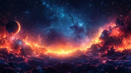 Wall Mural - Glowing Celestial Framed Cosmic Landscape with Planets and Starry Constellations on Dramatic Gradient Background