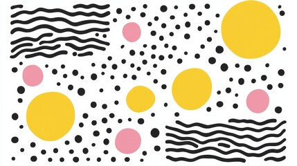 Poster - Abstract Pattern with Black Wavy Lines Yellow Circles and Pink Dots on White Background