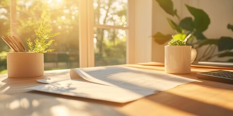 Poster - Sunlit Eco Workspace Essentials Sustainable Desk with Greenery and Professional Documents - Modern Tax Consultation and Financial Planning Ambiance