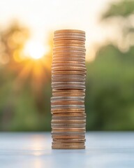 Poster - Golden Sunrise Coin Stack Capturing Financial Growth and Prosperity - Wealth Management Imagery with Natural Lighting for Financial Advisors and Business Growth Strategies