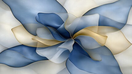 Poster - Abstract Petals in Blue and Gold Layers with Flowing Soft Edges and Soft Light Background