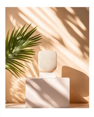 Fototapete - Sustainable Minimalist Tech Display Organic Stone with Ceramic Base and Palm Leaf Shadow - Modern Design Aesthetic for Eco-Friendly Workspace Solutions